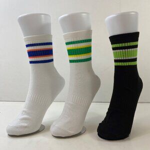 Womens Crew Socks Set 3 Stripes White Black Green Yellow Blue Orange
